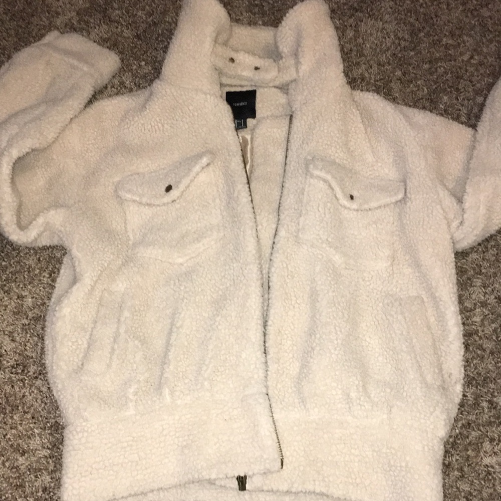 F21 Cream color teddy faux fur bomber jacket